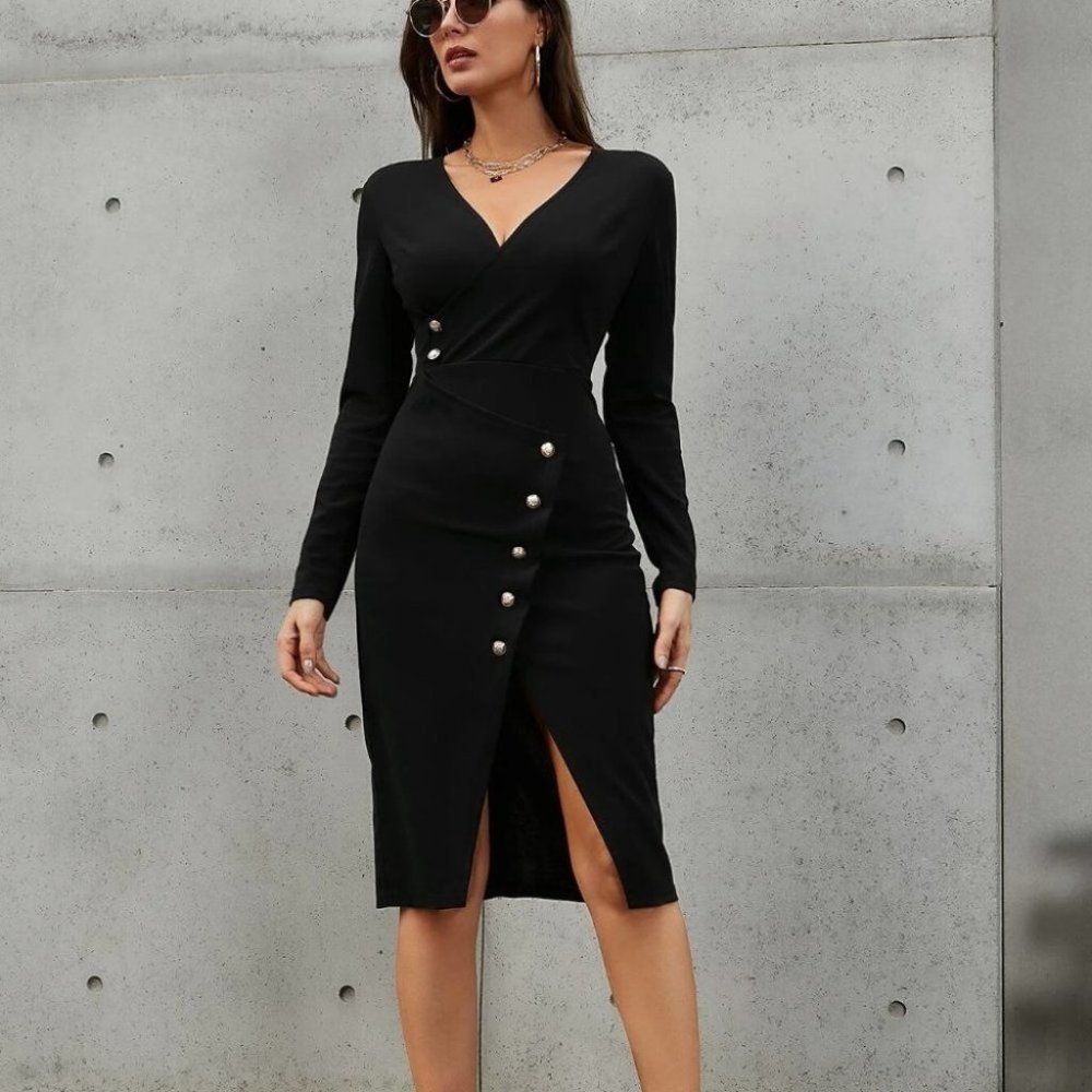 Black Elegant Womens Button Detail Wrap Dress - Picture 3 of 4